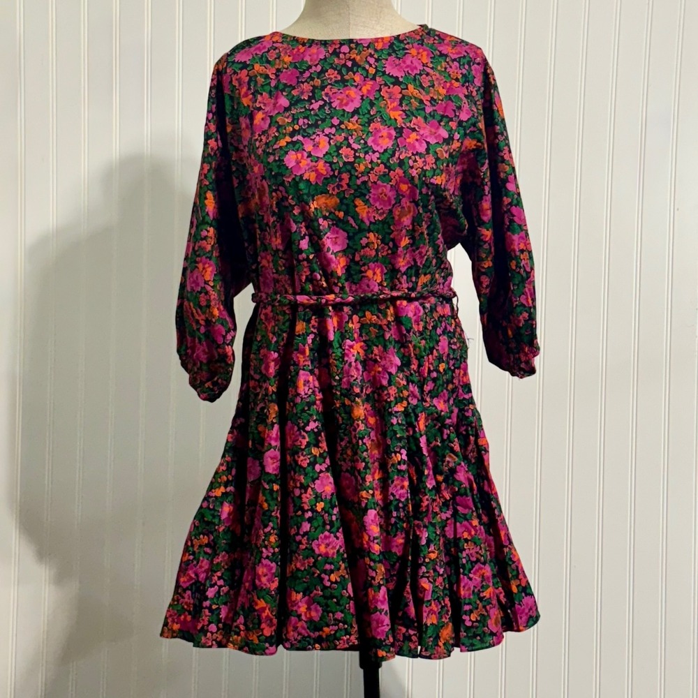 Aakaa Floral Mini Dress M Boho Cottagecore Romantic Aesthetic Cotton Puff Sleeve
